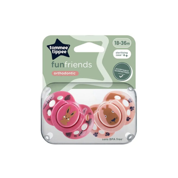 Tommee Tippee 2pcs 18-36month Babies Fun Friends Soothers / Pacifiers for Newborns, Symmetrical Orthodontic Design Multicolor